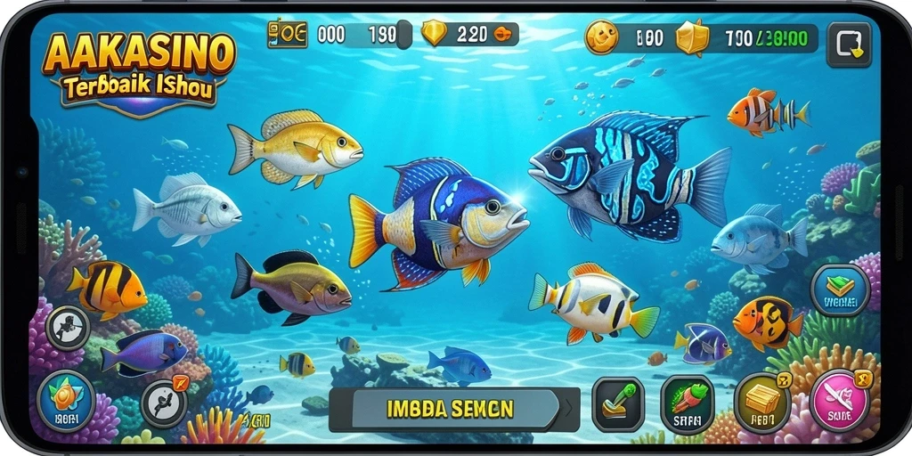 Tampilan gameplay seru di AAKASINO dengan banyak ikan yang menunggu untuk ditangkap.