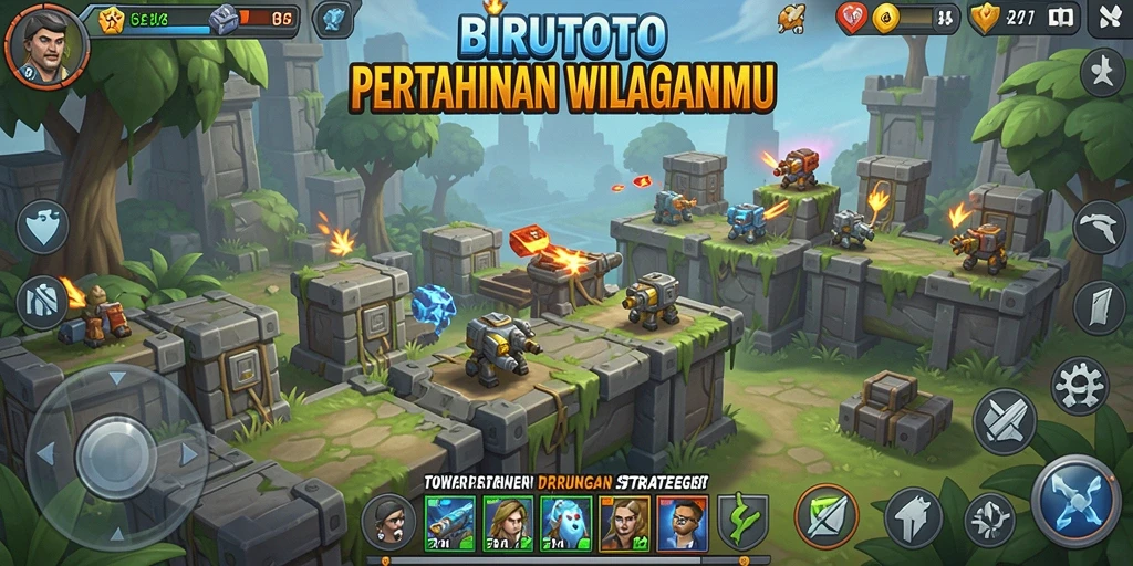 Screenshot gameplay BIRUTOTO menampilkan tower dan aksi pertahanan yang mendebarkan.