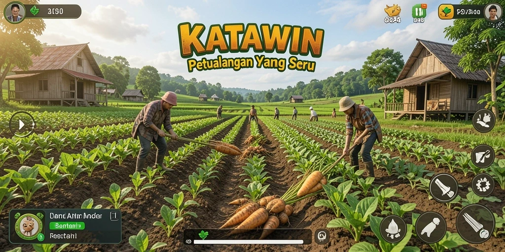 Screenshot gameplay <strong>KATAWIN</strong> menunjukkan ladang penuh warna dan aktifitas bertani.