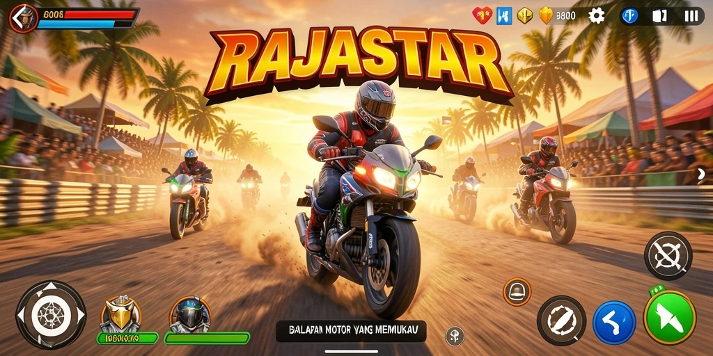Tampilan gameplay balapan motor yang mendebarkan di RAJASTAR.