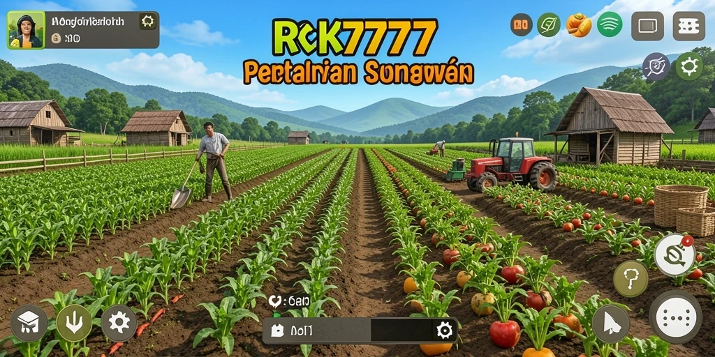 Screenshot gameplay RR777 menampilkan kebun indah dan aktivitas bertani.