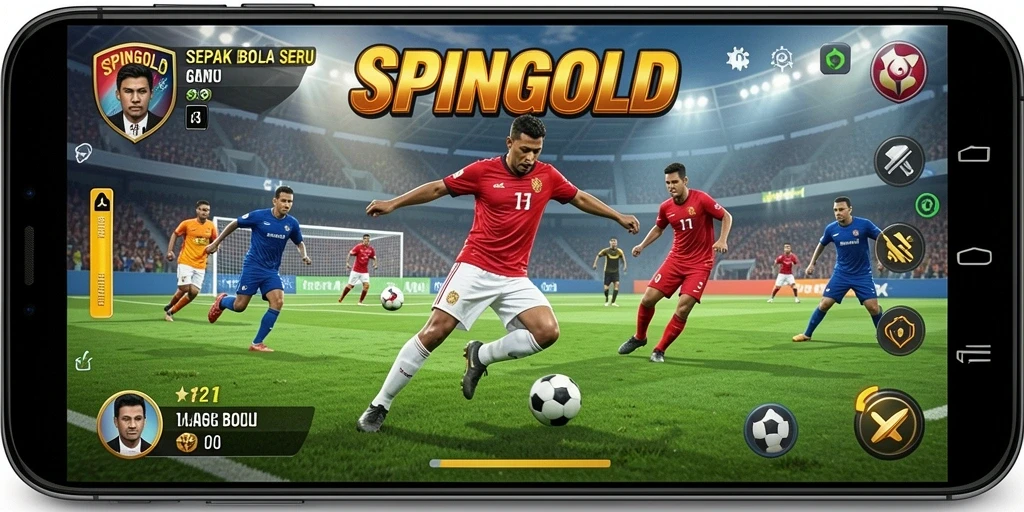 Tangkapan layar utama SPINGOLD menampilkan pertandingan sepak bola yang intens.