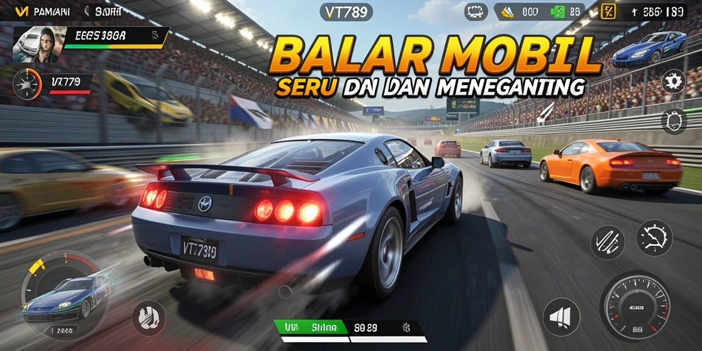 Screenshot utama VT789 menampilkan serunya balapan mobil dengan trek menantang.