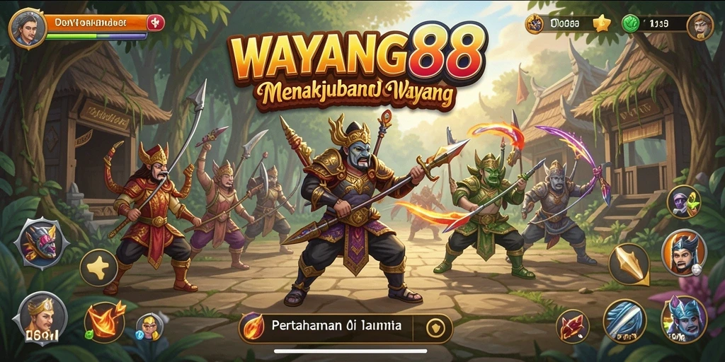 Screenshot utama WAYANG88 menampilkan karakter wayang dalam aksi pertahanan.